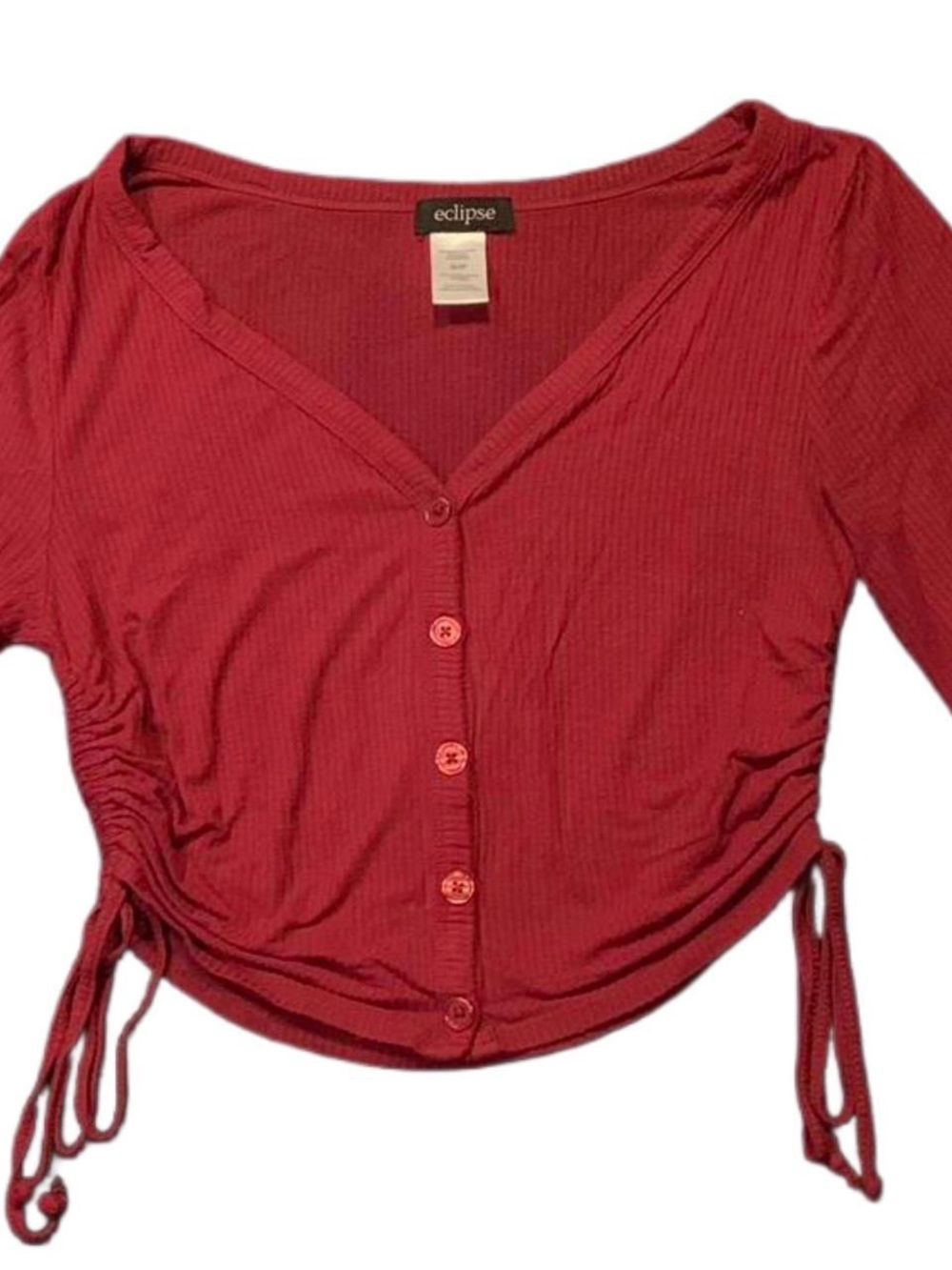 3 For $25 Eclipse Red Ribbed V-Neck Ruched Side Drawstring Button Up Cropped Top - Picture 4 of 5